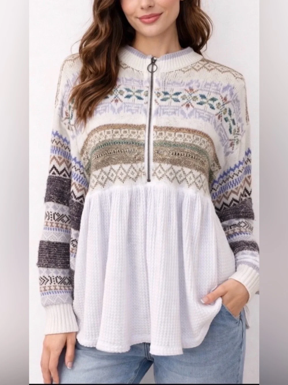 NWT!Free People Cozy Cottage 1/2 Zip Sweater Nordic-Inspired Size Small $128